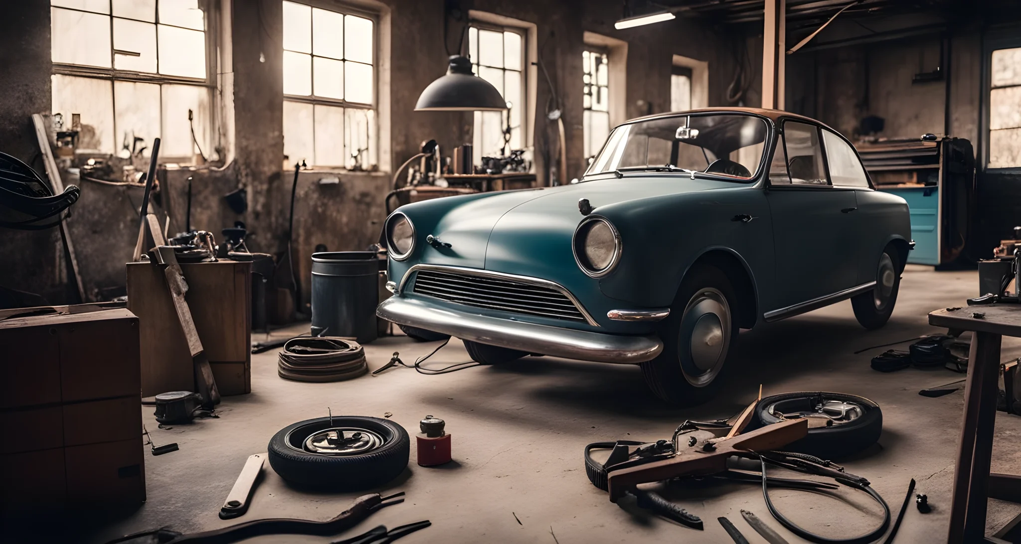 The image shows a vintage electric car being restored in a workshop, surrounded by tools and equipment.