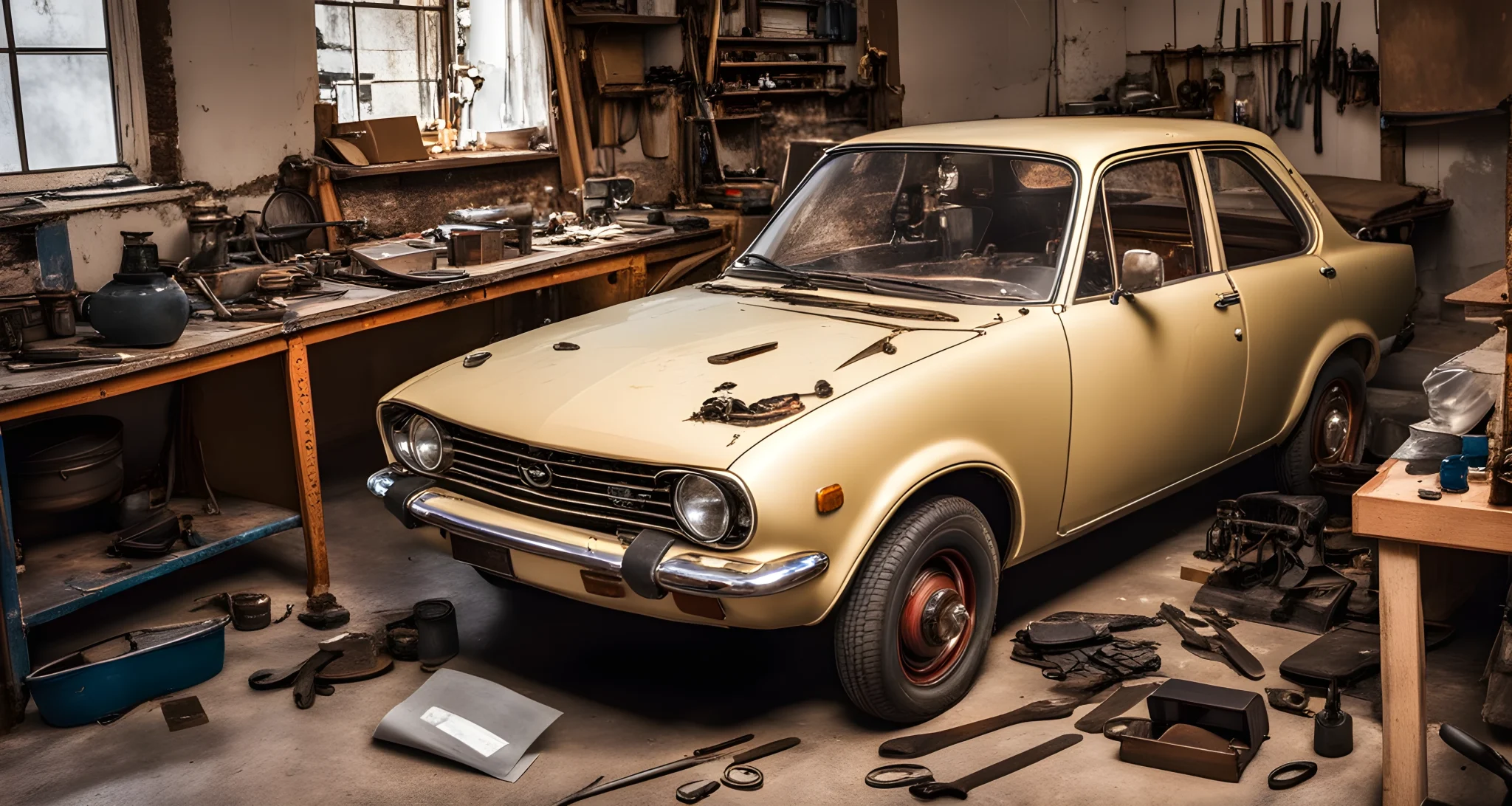 The image shows a vintage Mazda car being restored, with tools, parts, and manuals scattered around the workspace.
