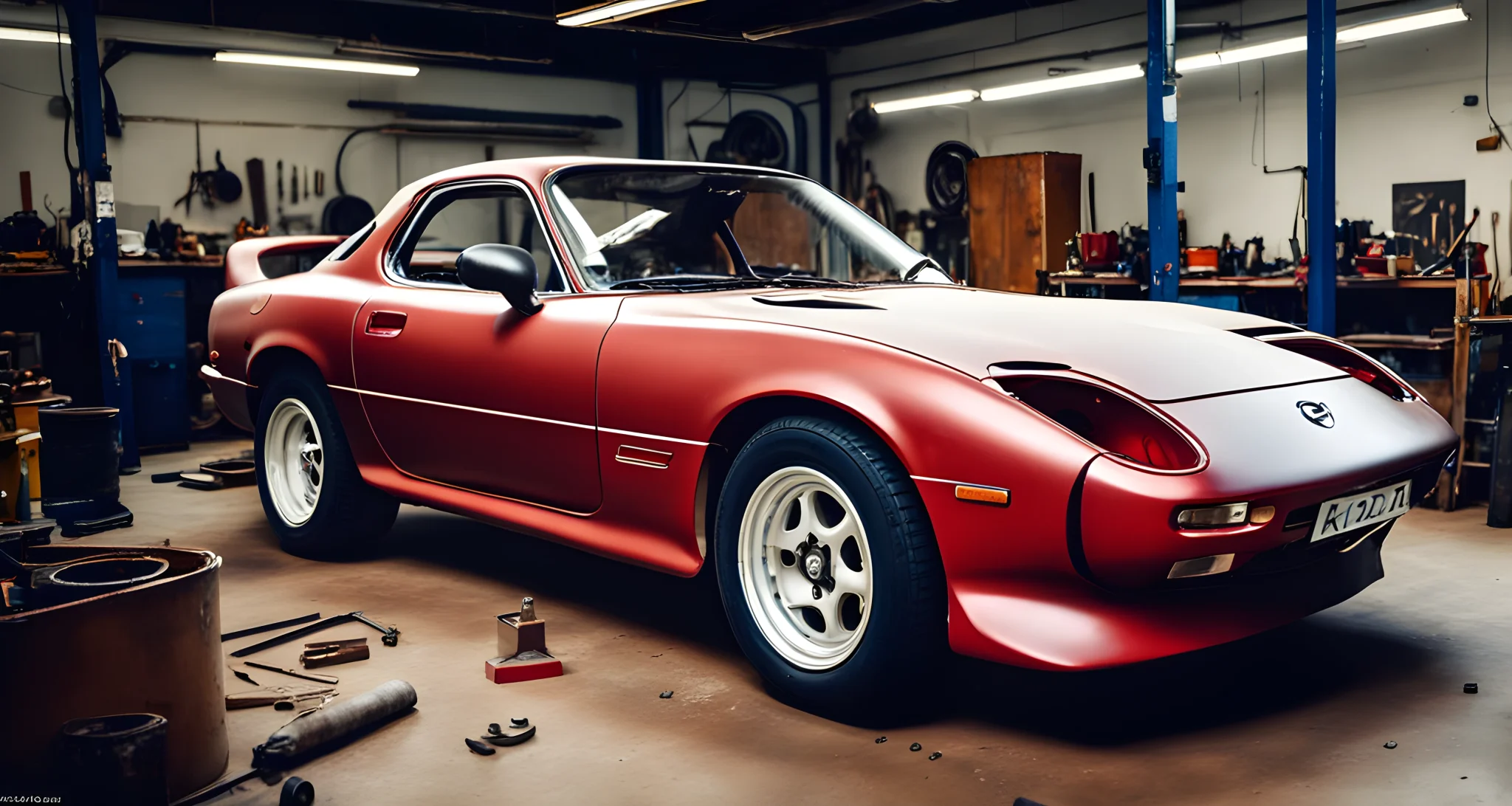 The image shows a vintage Mazda RX-7 sports car being carefully restored in a workshop.