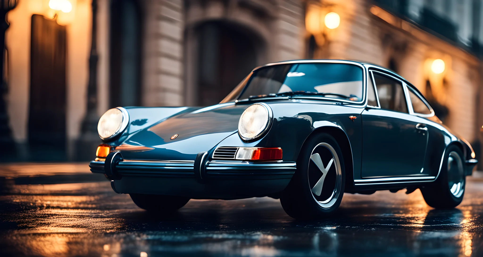 The image shows a vintage Porsche 911 model, with a sleek design and iconic circular headlamps.