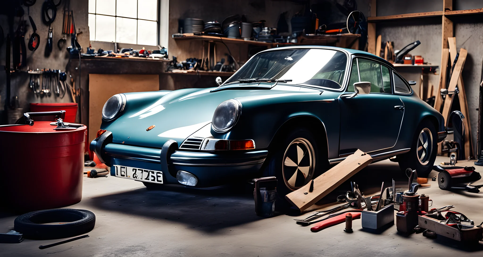 The image shows a vintage Porsche 911 sports car in a garage, surrounded by tools and restoration equipment.