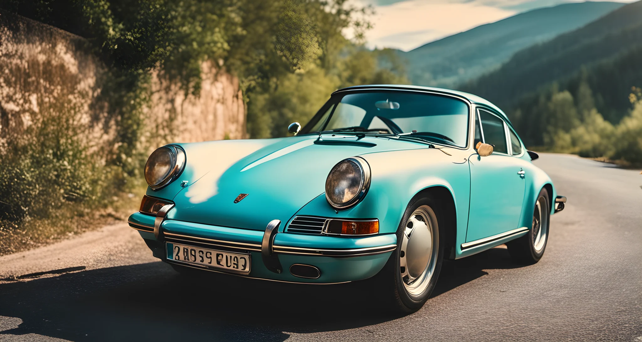 The image shows a vintage Porsche sports car parked on a winding road with a map and sunglasses on the dashboard.