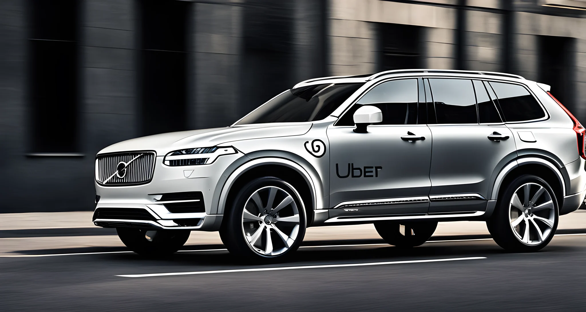 The image shows a Volvo XC90 SUV and an Uber logo on the side, representing the partnership between Volvo and Uber in the development of autonomous driving technologies.