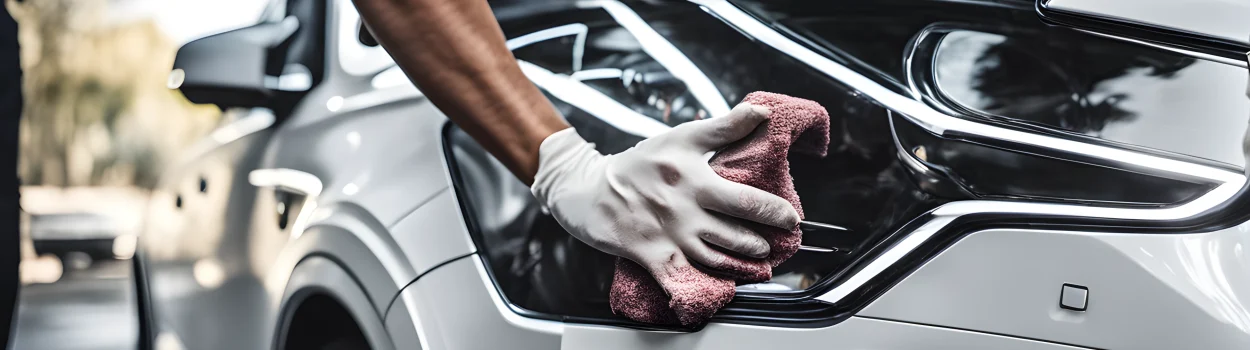 The image shows a white Volvo car being meticulously cleaned and detailed, with focus on the exterior paint, wheels, and interior upholstery.