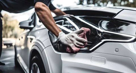 The image shows a white Volvo car being meticulously cleaned and detailed, with focus on the exterior paint, wheels, and interior upholstery.