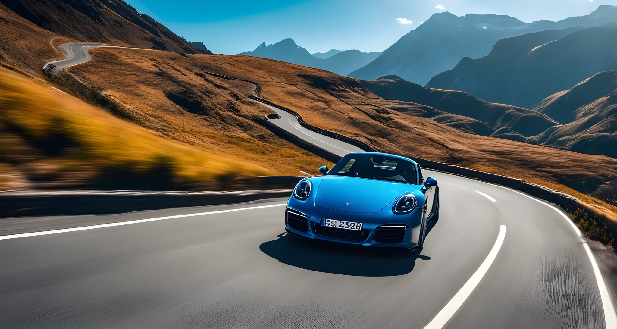 The image shows a winding mountain road with a sleek Porsche sports car driving along it. The background features breathtaking mountain scenery and a clear, blue sky.