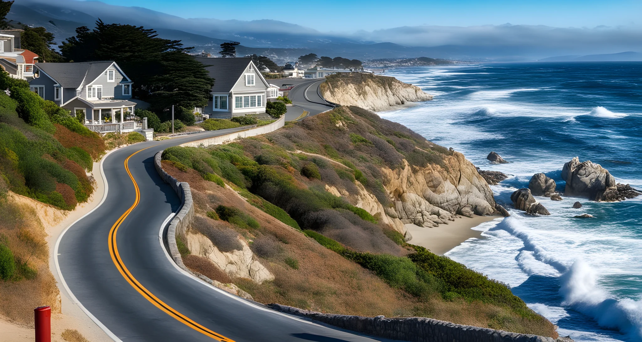 The image shows a winding road along the scenic coastline of Monterey, with rolling waves crashing against the shore.