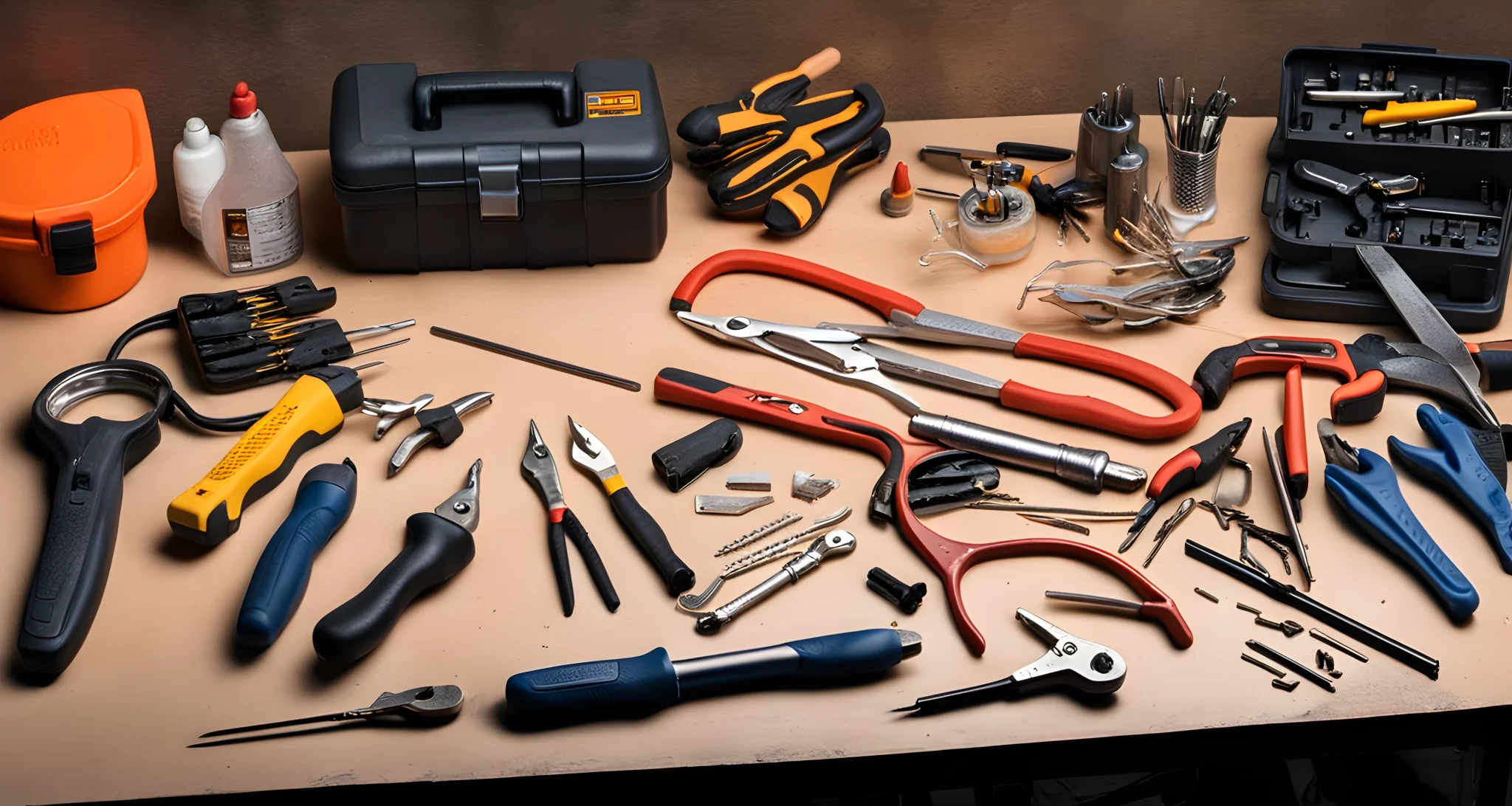 The image shows a workshop table filled with various tools and equipment, including screwdrivers, wrenches, pliers, and electrical wires.