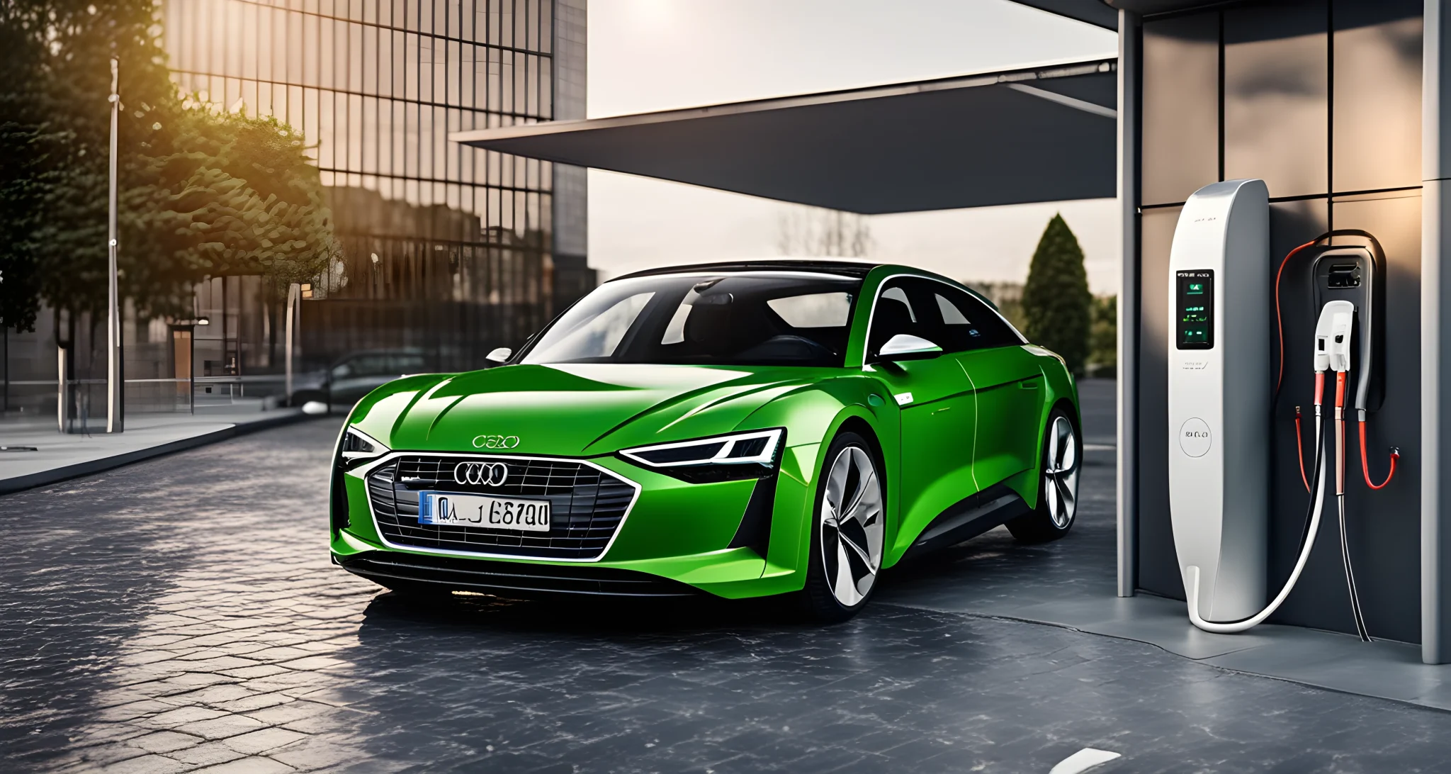 The image shows an electric Audi car parked in front of a charging station with solar panels on the roof.