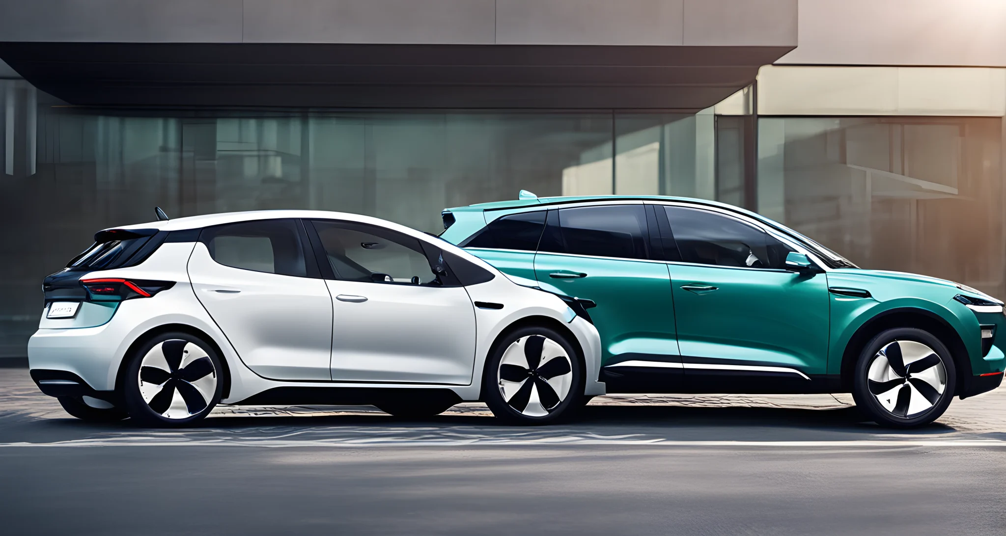 The image shows an electric vehicle and a hybrid car side by side, highlighting their differences in powertrain and fuel consumption.