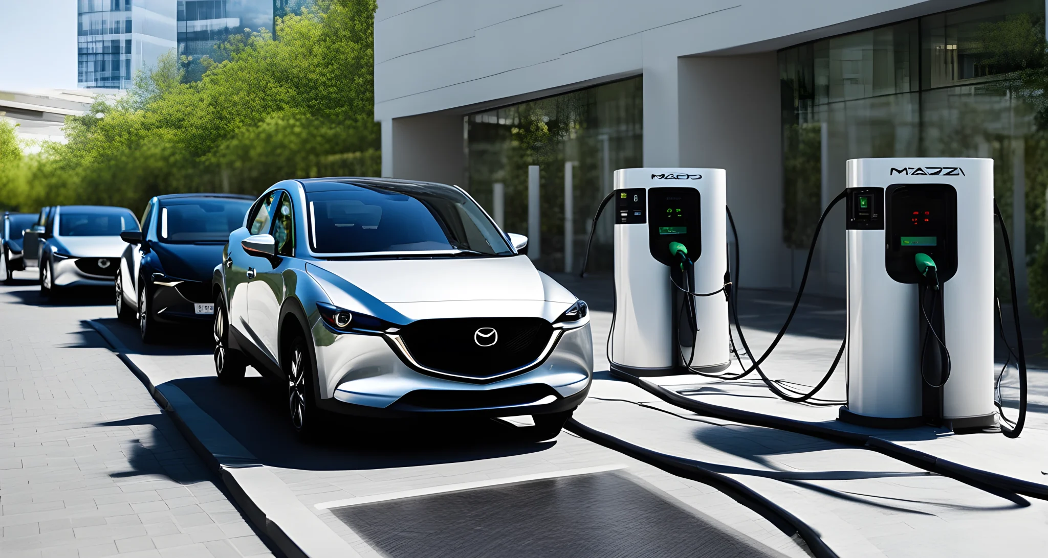 The image shows an electric vehicle charging station with a fleet of Mazda's electric cars being charged.