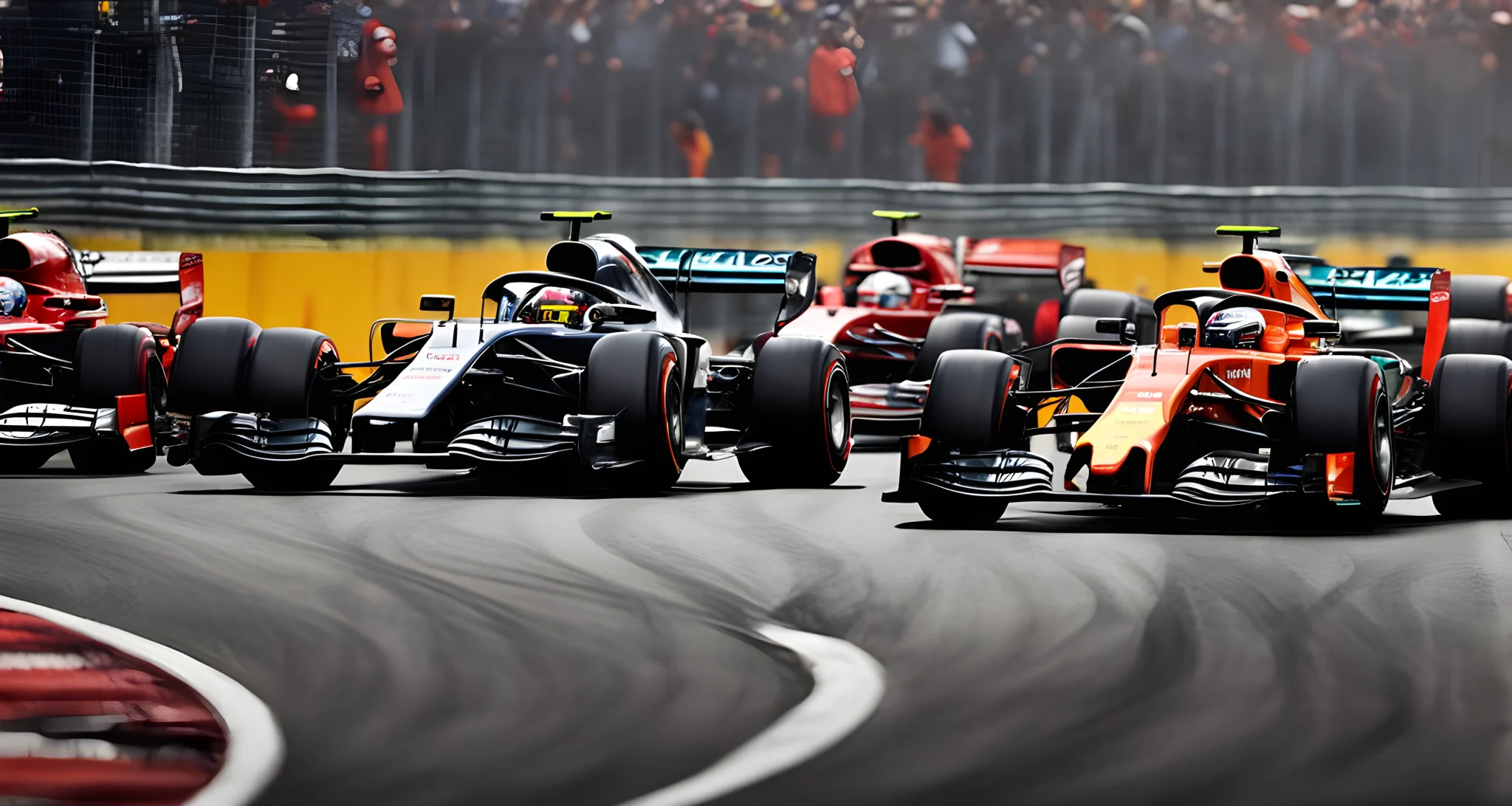 The image shows Formula One cars racing on a track, with teams and drivers in their colorful racing gear.