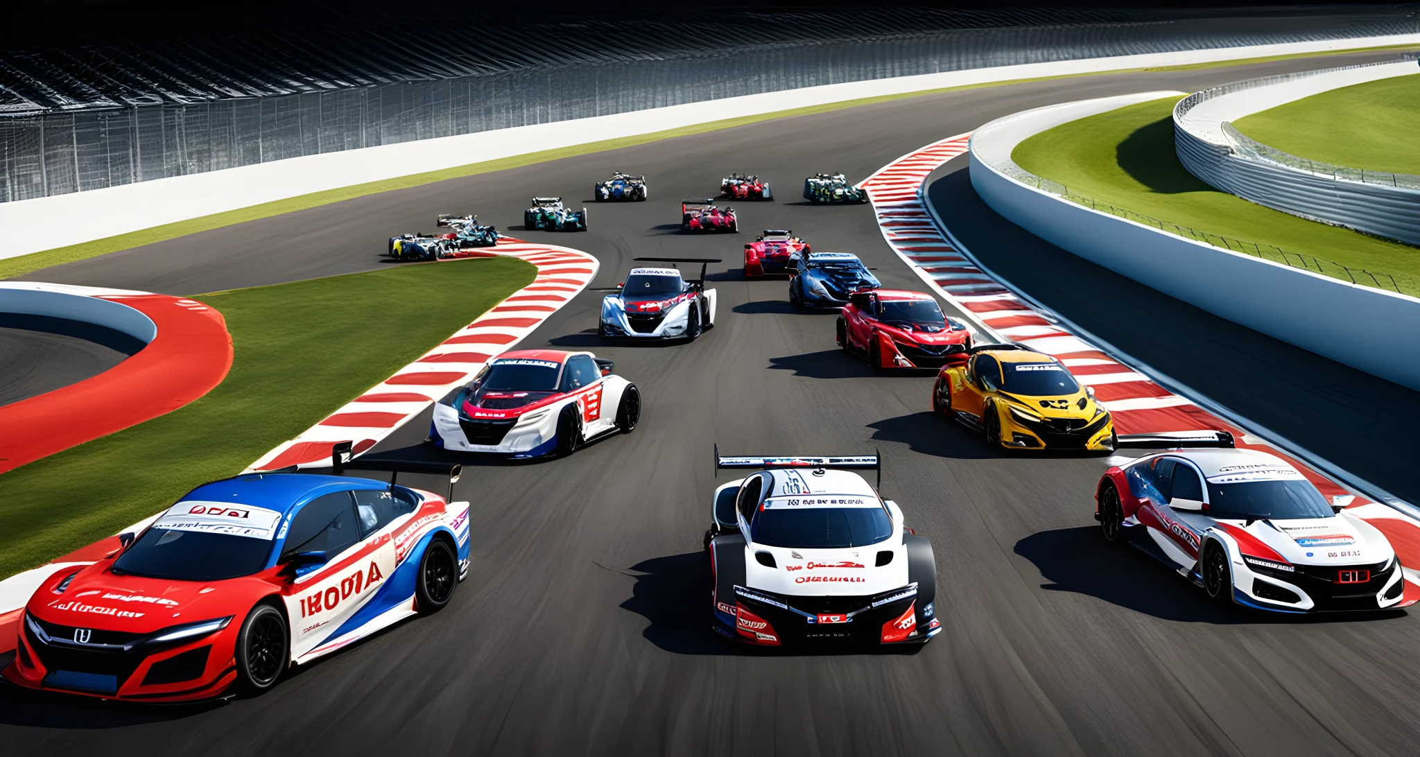 The image shows multiple Honda cars on a racing track, with a few drivers standing next to their vehicles.