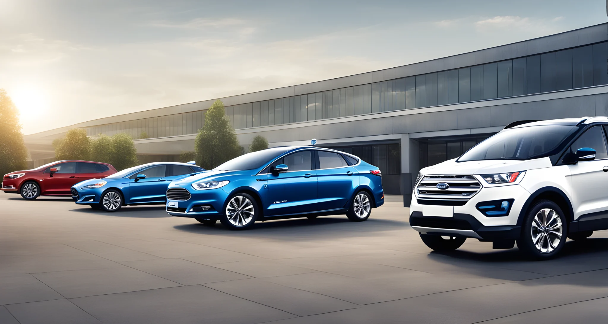 The image shows multiple hybrid electric vehicles with the Ford logo, showcasing the variety of new releases and updates in hybrid technology.