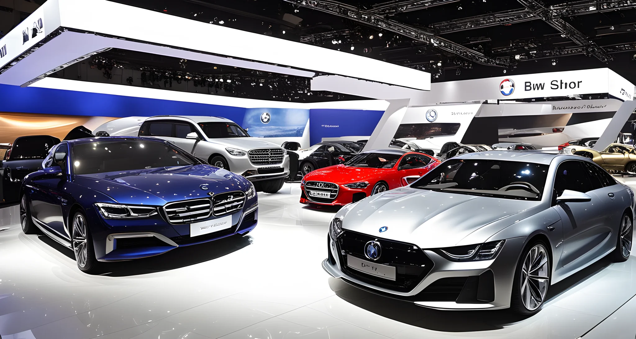 The image shows several well-known car brands, including BMW, Audi, and Mercedes, displayed at a major auto show in China.