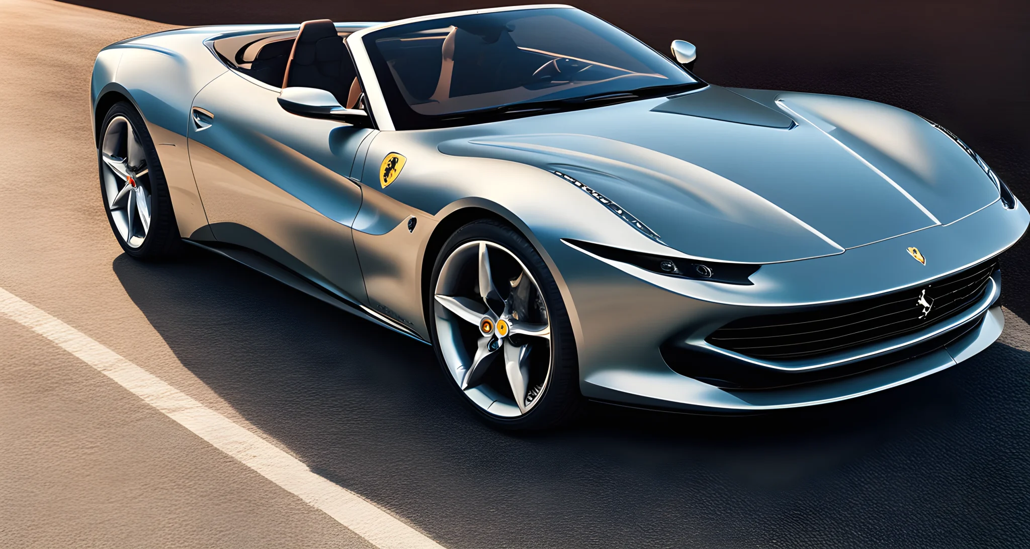 The image shows the 2024 Ferrari Roma Spider, a sleek convertible sports car with a silver exterior.