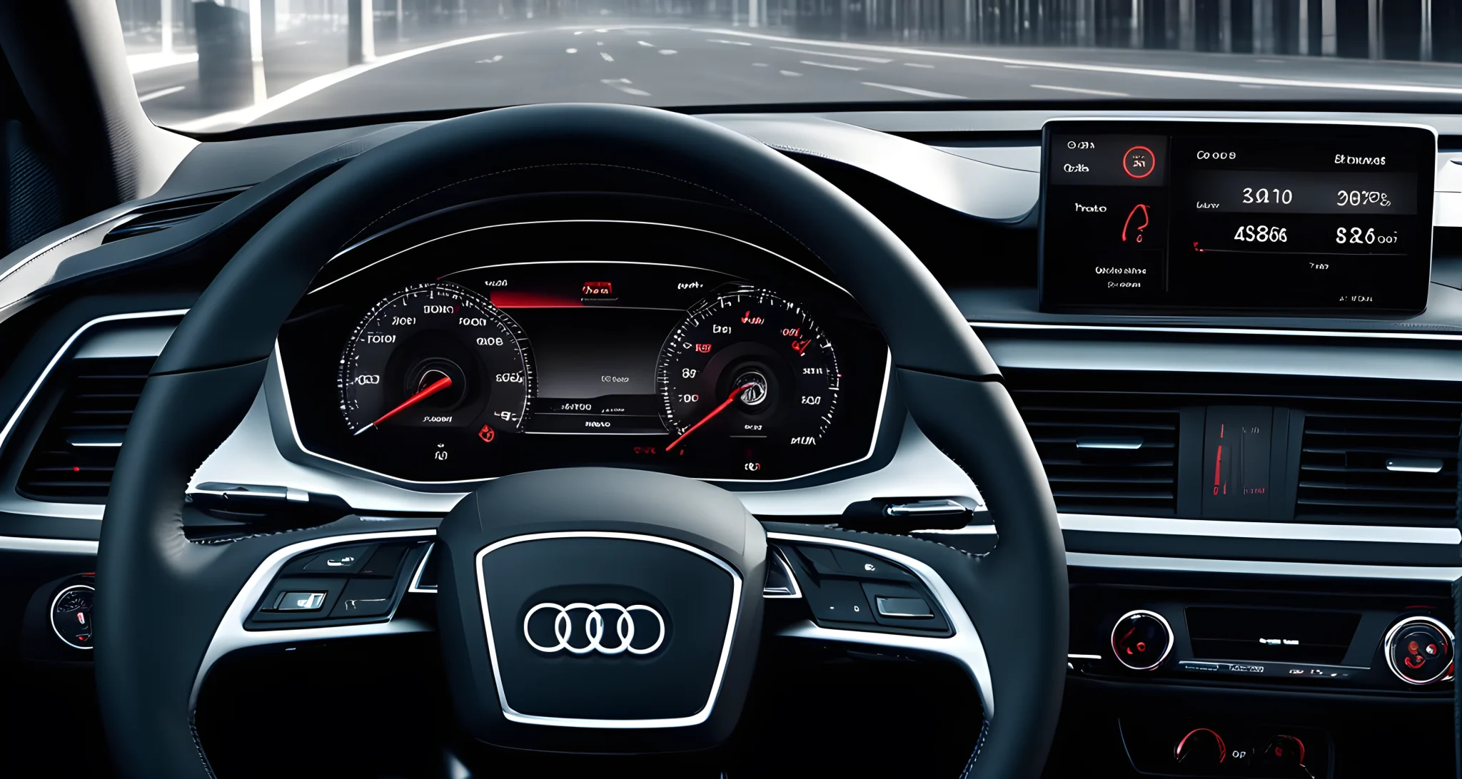 The image shows the dashboard of an Audi vehicle with the cruise control feature highlighted.