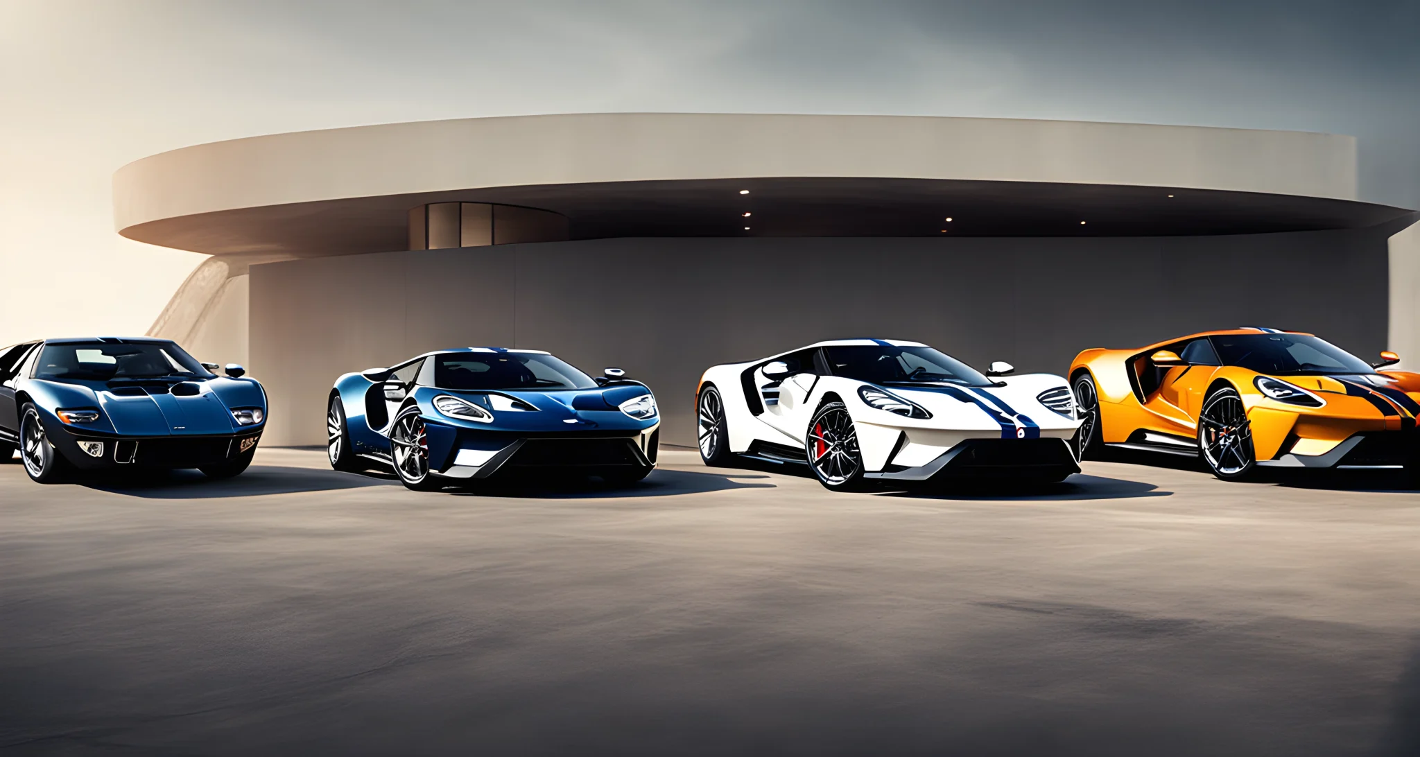 The image shows the iconic Ford GT and a lineup of luxury SUVs.