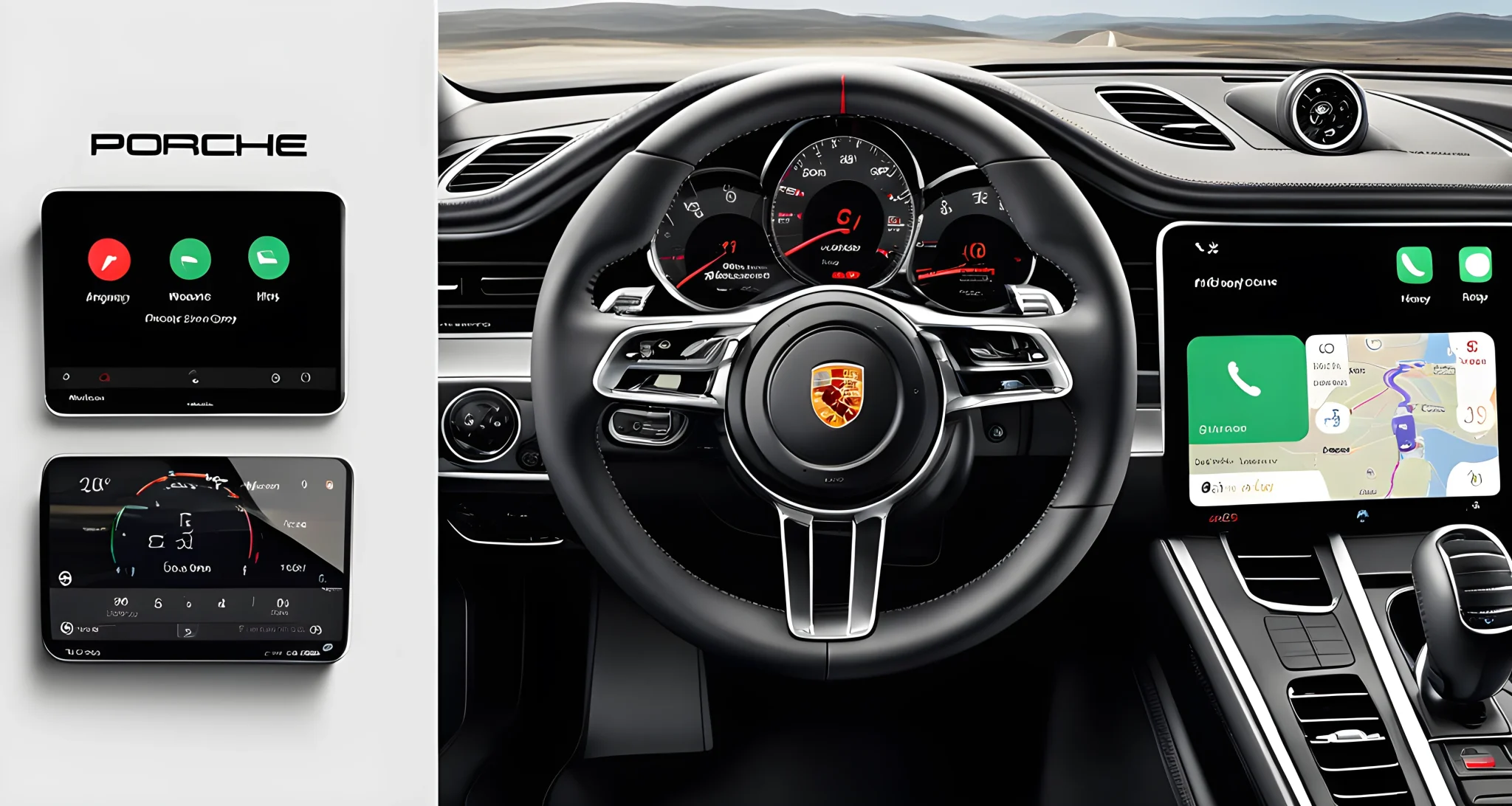 The image shows the interior dashboard of a Porsche vehicle with a prominent display screen featuring Apple CarPlay integration.