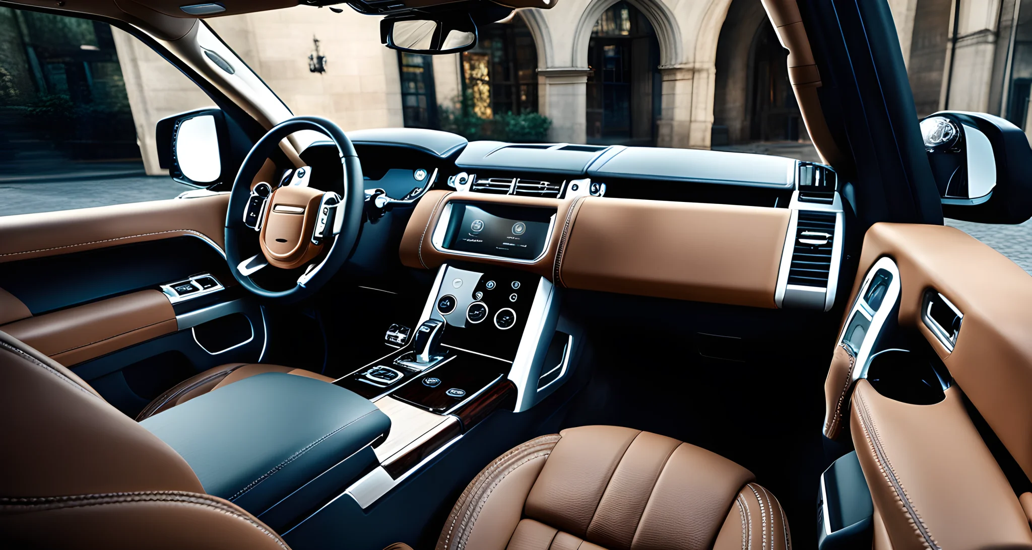 The image shows the interior of a Land Rover luxury car with plush leather seats, polished wood trim, and a state-of-the-art infotainment system.