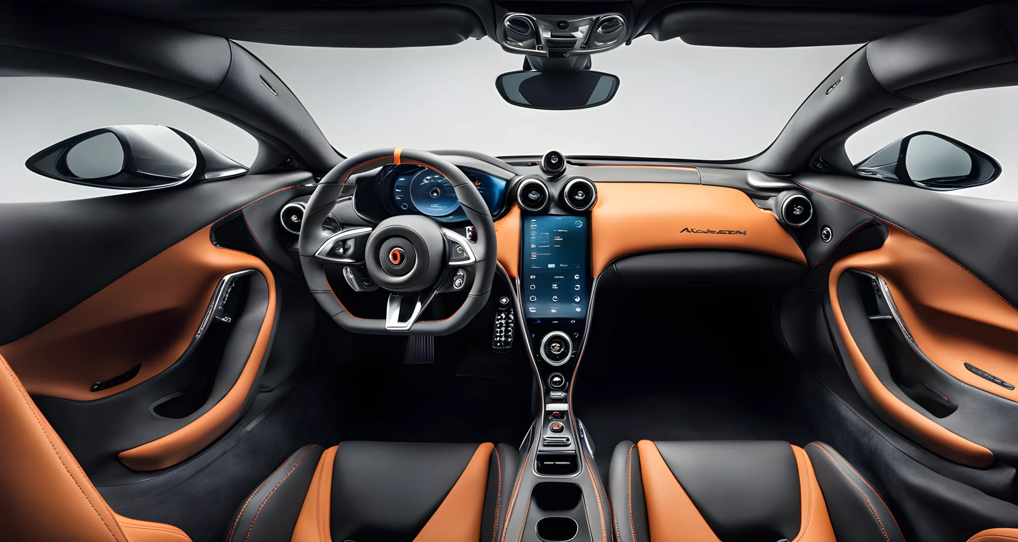 The image shows the interior of a McLaren vehicle, featuring a sleek dashboard with a digital display, a sports steering wheel, and leather seats with minimal storage options.