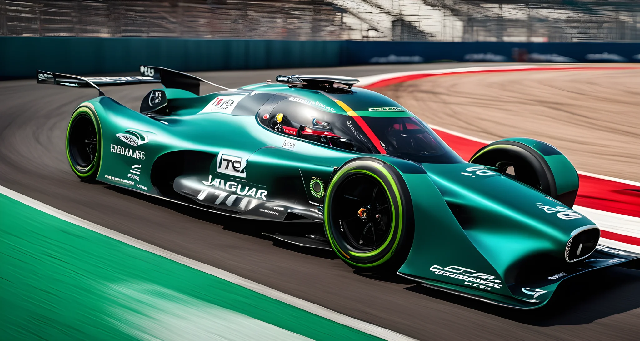 The image shows the Jaguar TCS Racing team's sleek electric racing car on a winding race track.