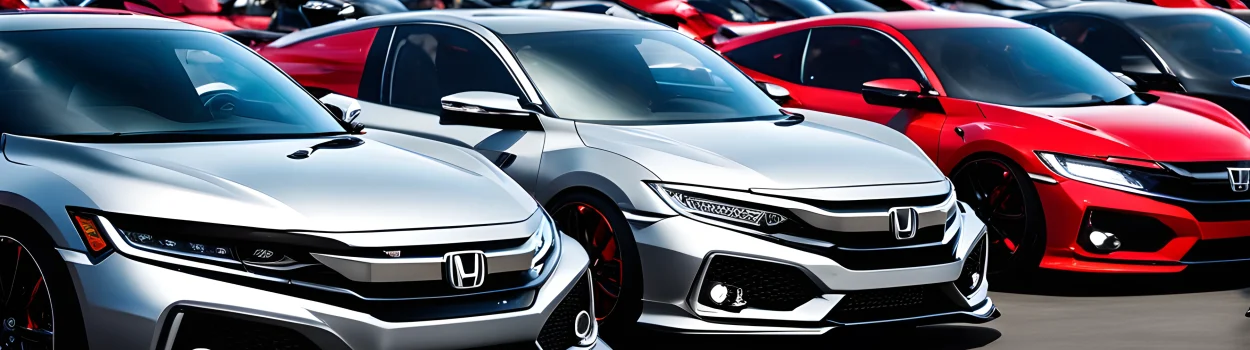 The image shows the latest Honda performance cars lined up at a car show.