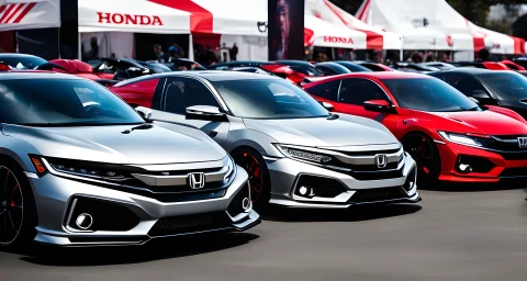 The image shows the latest Honda performance cars lined up at a car show.