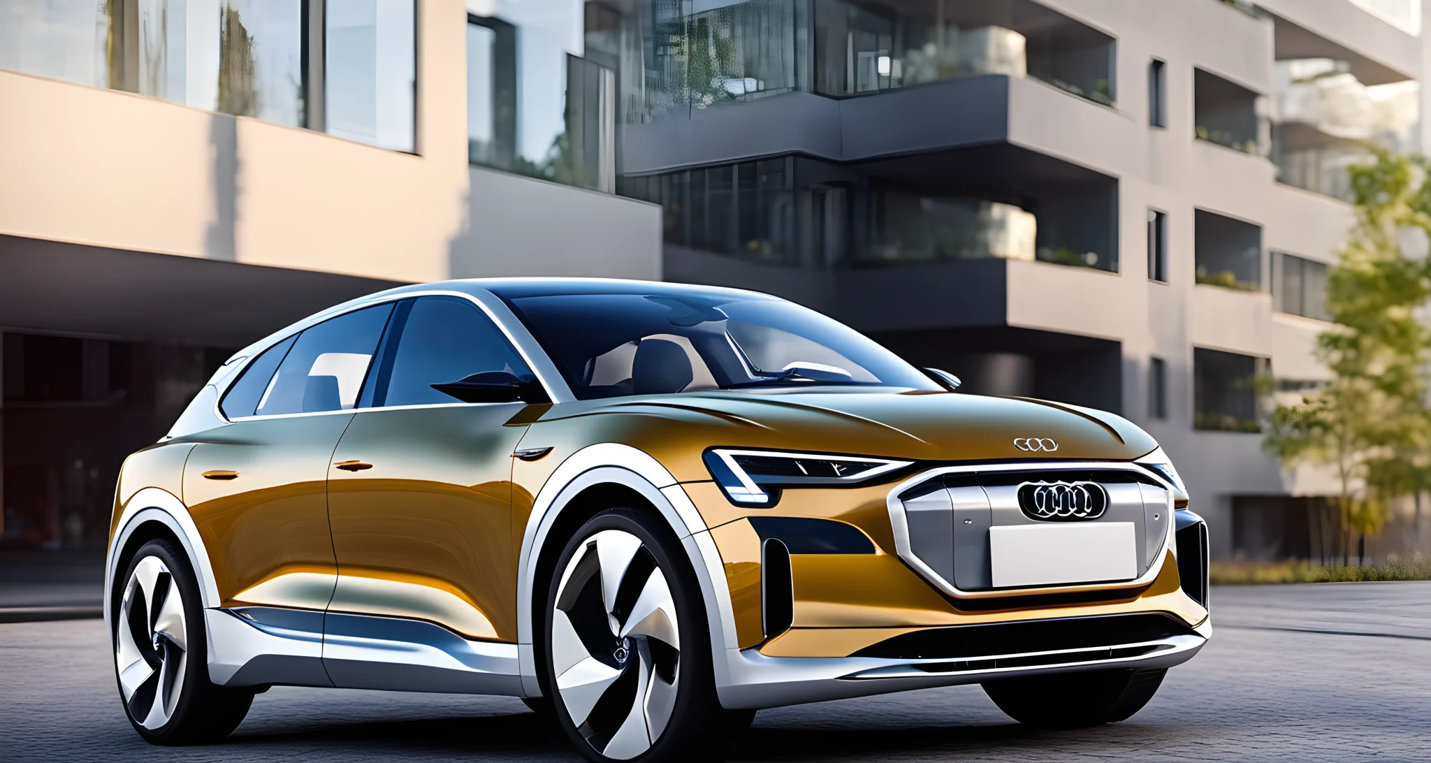 The image shows the latest model of an eco-friendly electric Audi car, with a focus on its sleek design and advanced technology.