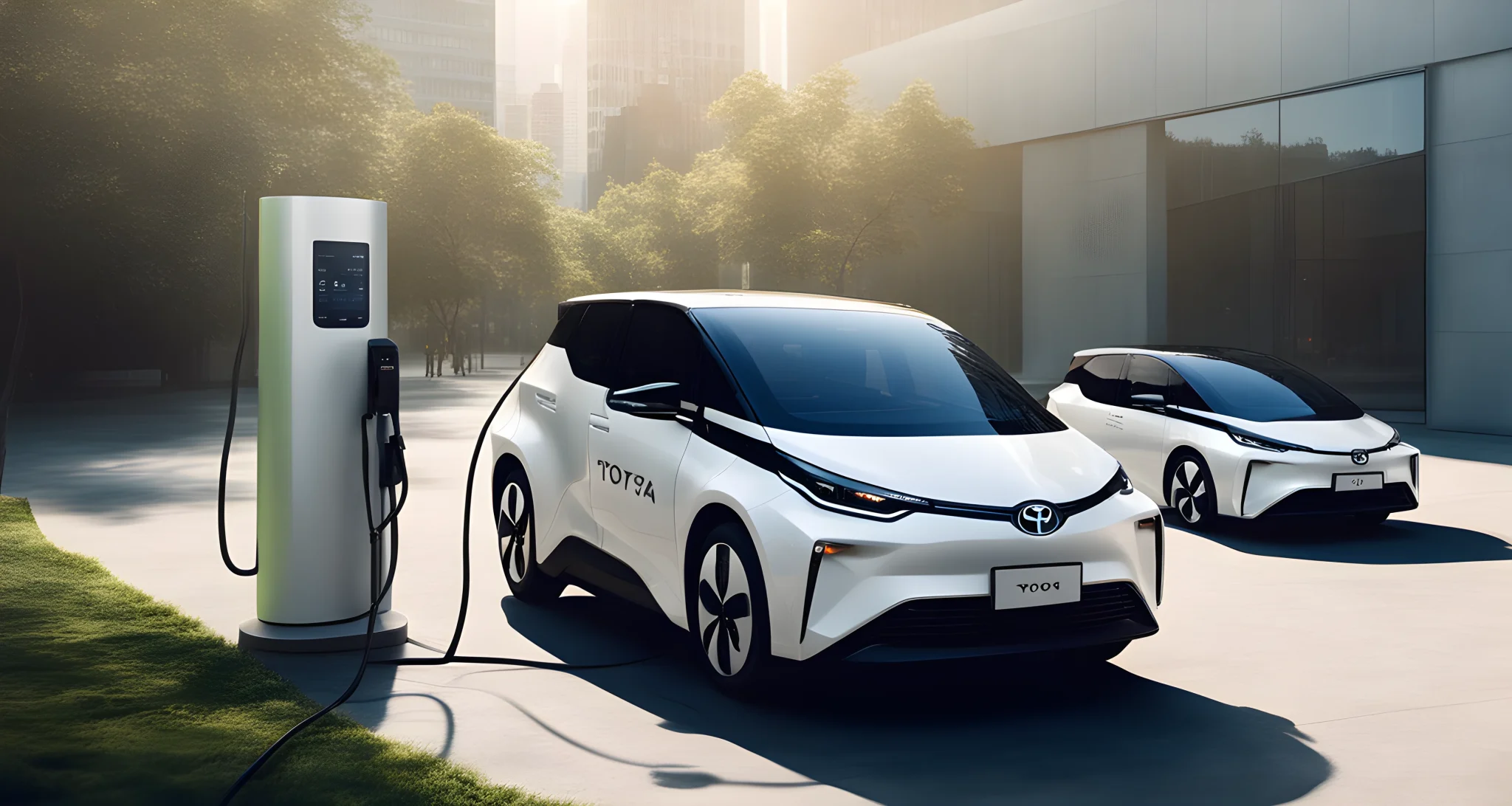 The image shows the latest models of Toyota electric vehicles and their advanced battery technology.