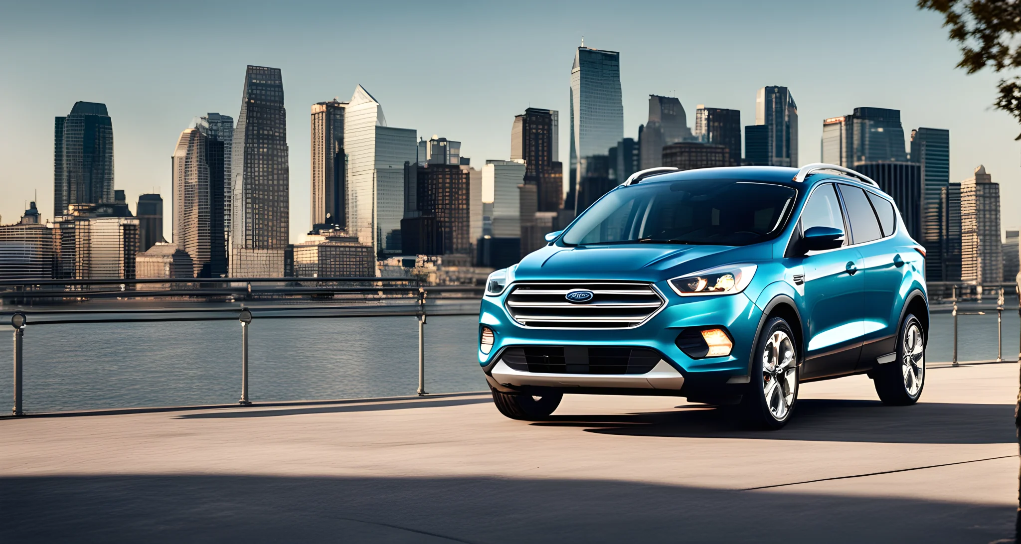 The image shows the new Ford Escape Hybrid parked in front of a modern city backdrop.