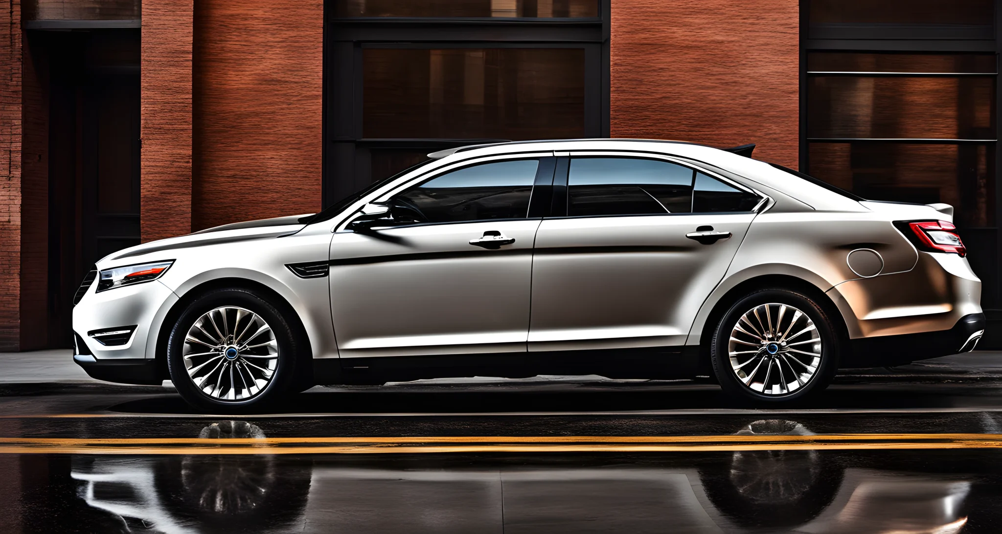 The image shows the sleek and modern design of the latest Ford Taurus, featuring advanced technology and bold styling.