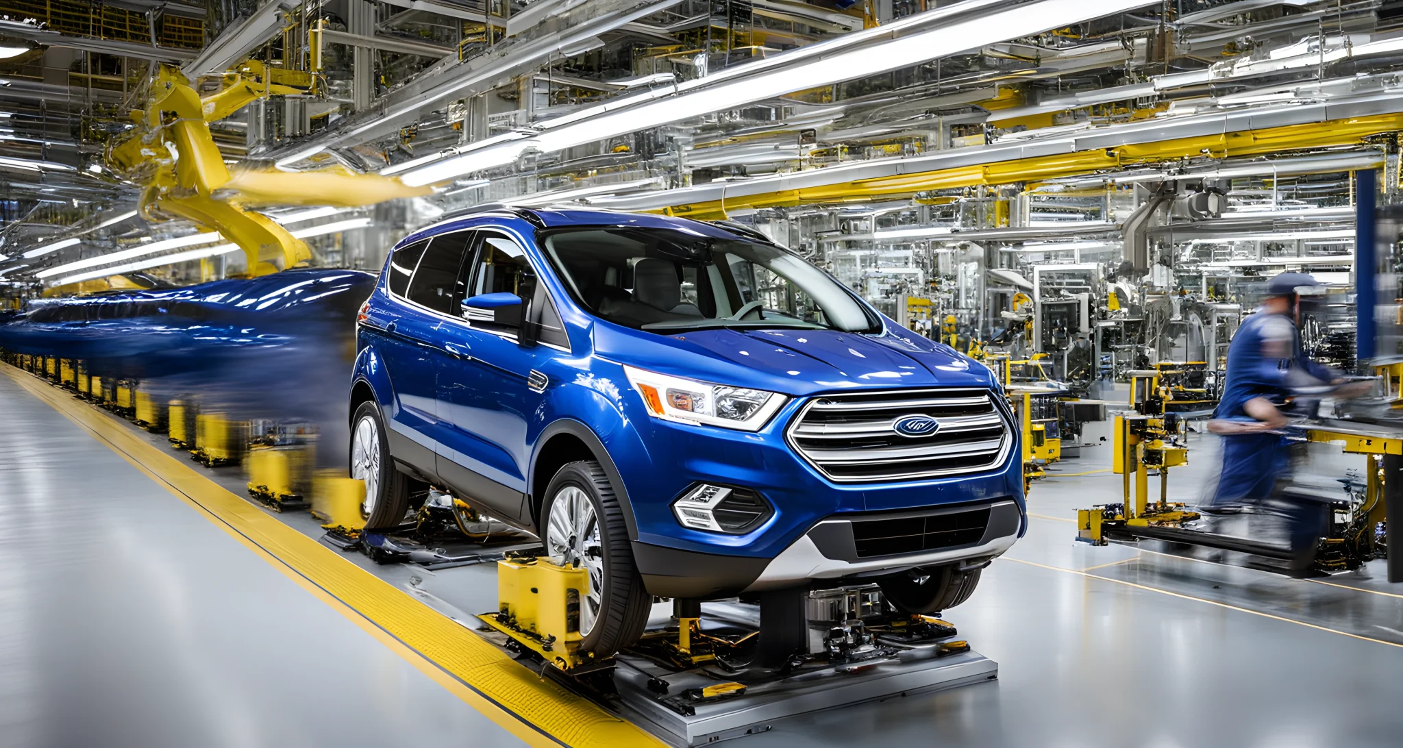 The image shows the state-of-the-art production line at Ford's Oakville Assembly Plant, featuring hybrid vehicle components and advanced technology.