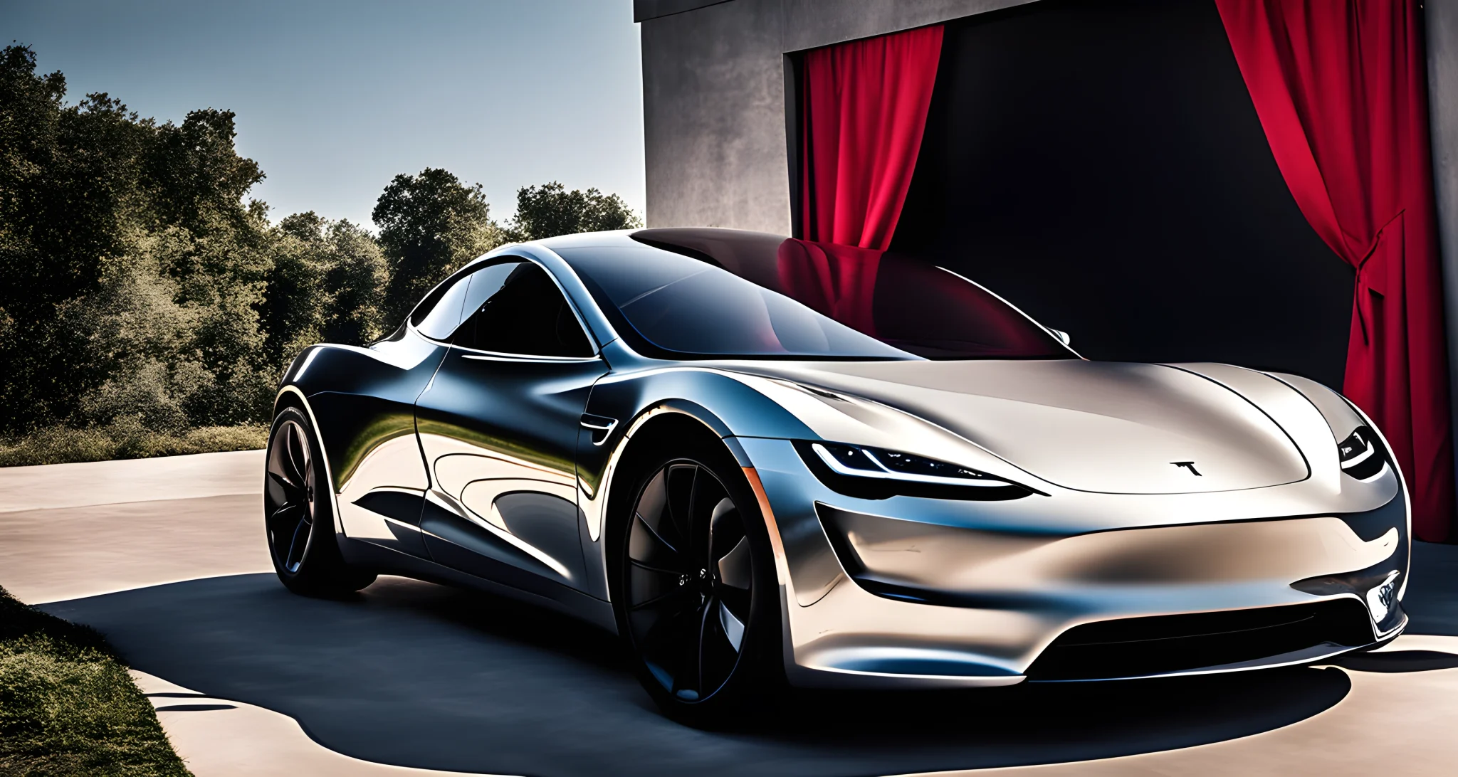 The image shows the unveiling of the Tesla Roadster, featuring sleek design and advanced technology.