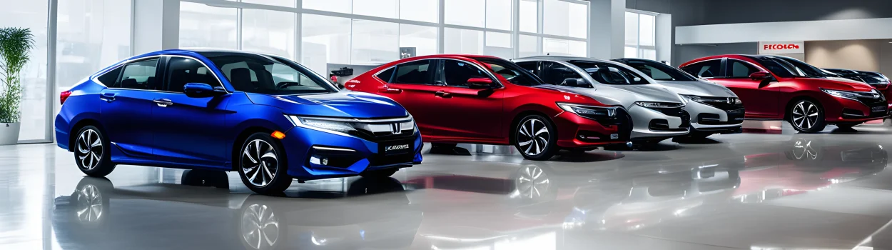 The image shows three different models of Honda cars lined up next to each other in a dealership showroom.