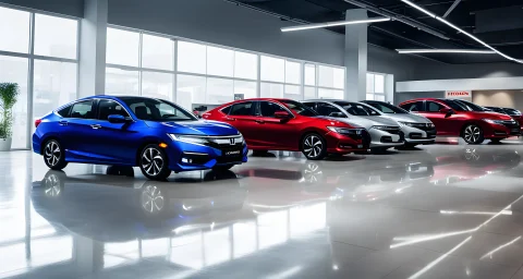 The image shows three different models of Honda cars lined up next to each other in a dealership showroom.