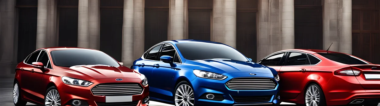 The image shows three sleek, luxurious Ford cars lined up next to each other.