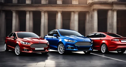The image shows three sleek, luxurious Ford cars lined up next to each other.