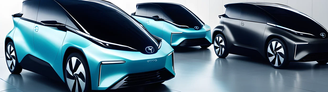 The image shows three sleek, modern Toyota electric vehicles with advanced technology features.