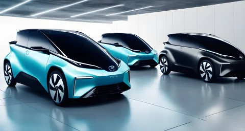 The image shows three sleek, modern Toyota electric vehicles with advanced technology features.