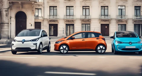 The image shows two cars side by side: one electric vehicle and one hybrid car.