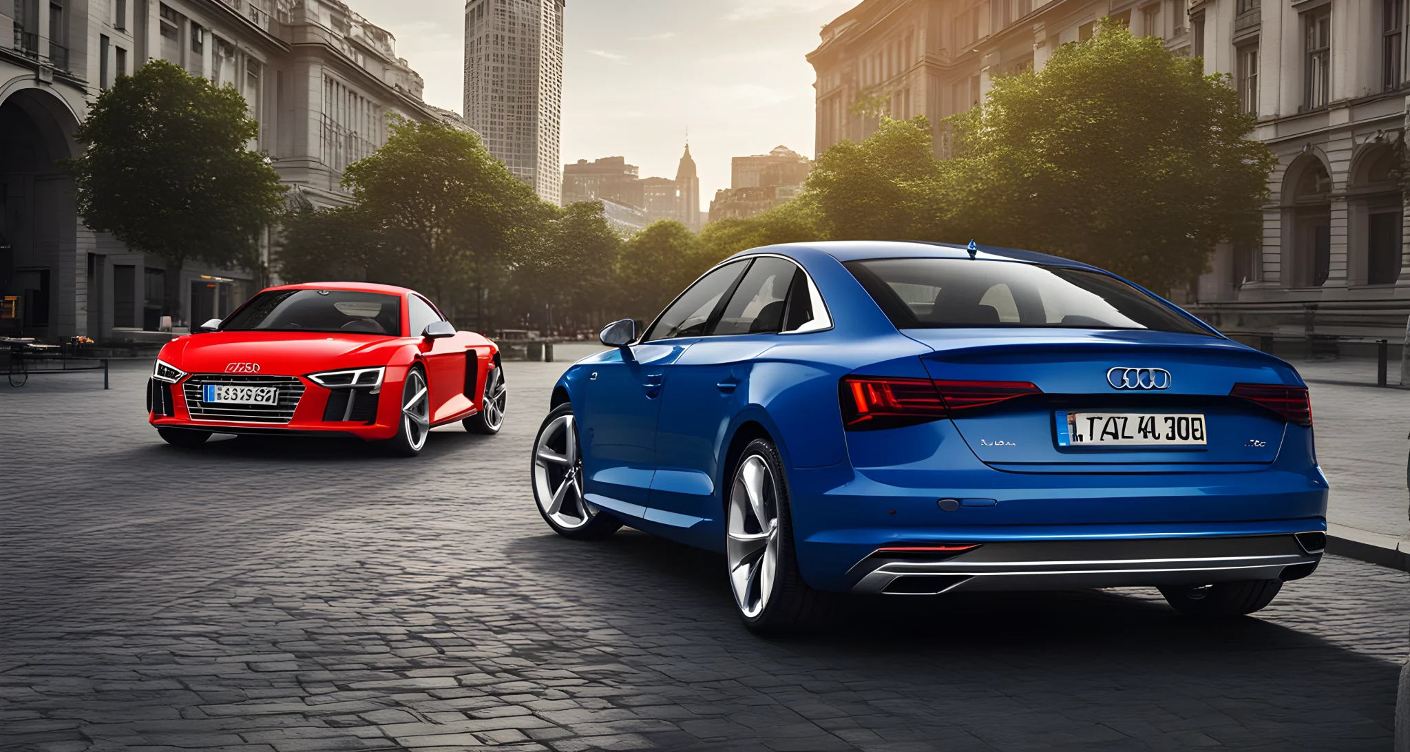 The image shows two sleek and luxurious Audi cars parked side by side in a vibrant city setting.