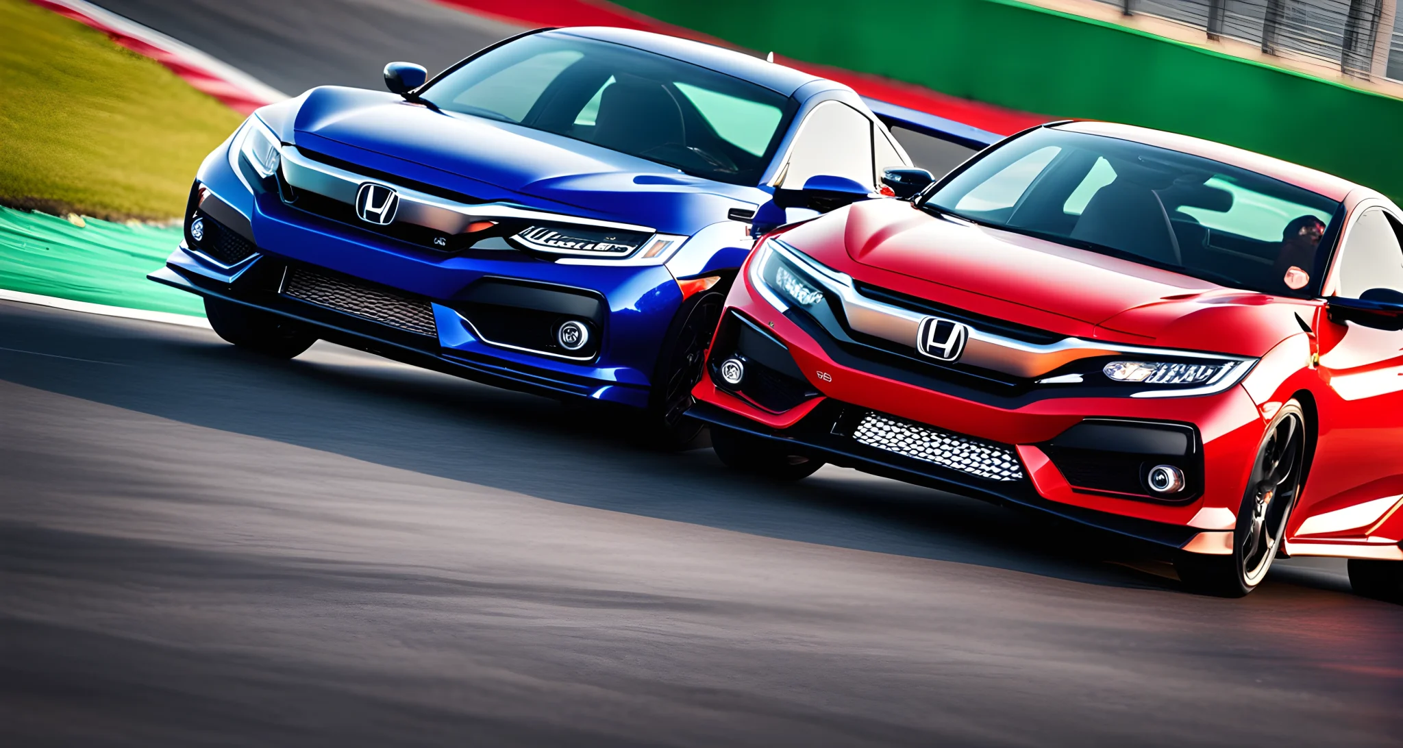 The image shows two sleek and modern Honda performance cars on a race track, with vibrant colors and a dynamic design.