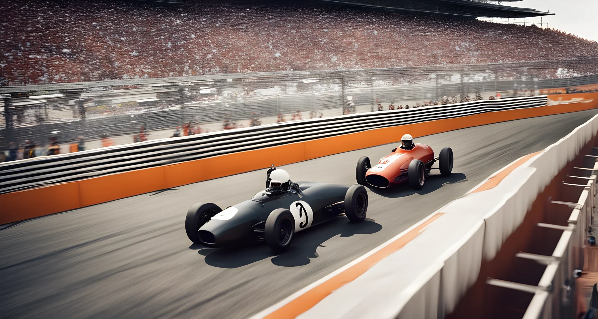 The image shows two sleek racing cars on a winding race track, surrounded by barriers and grandstands filled with spectators.