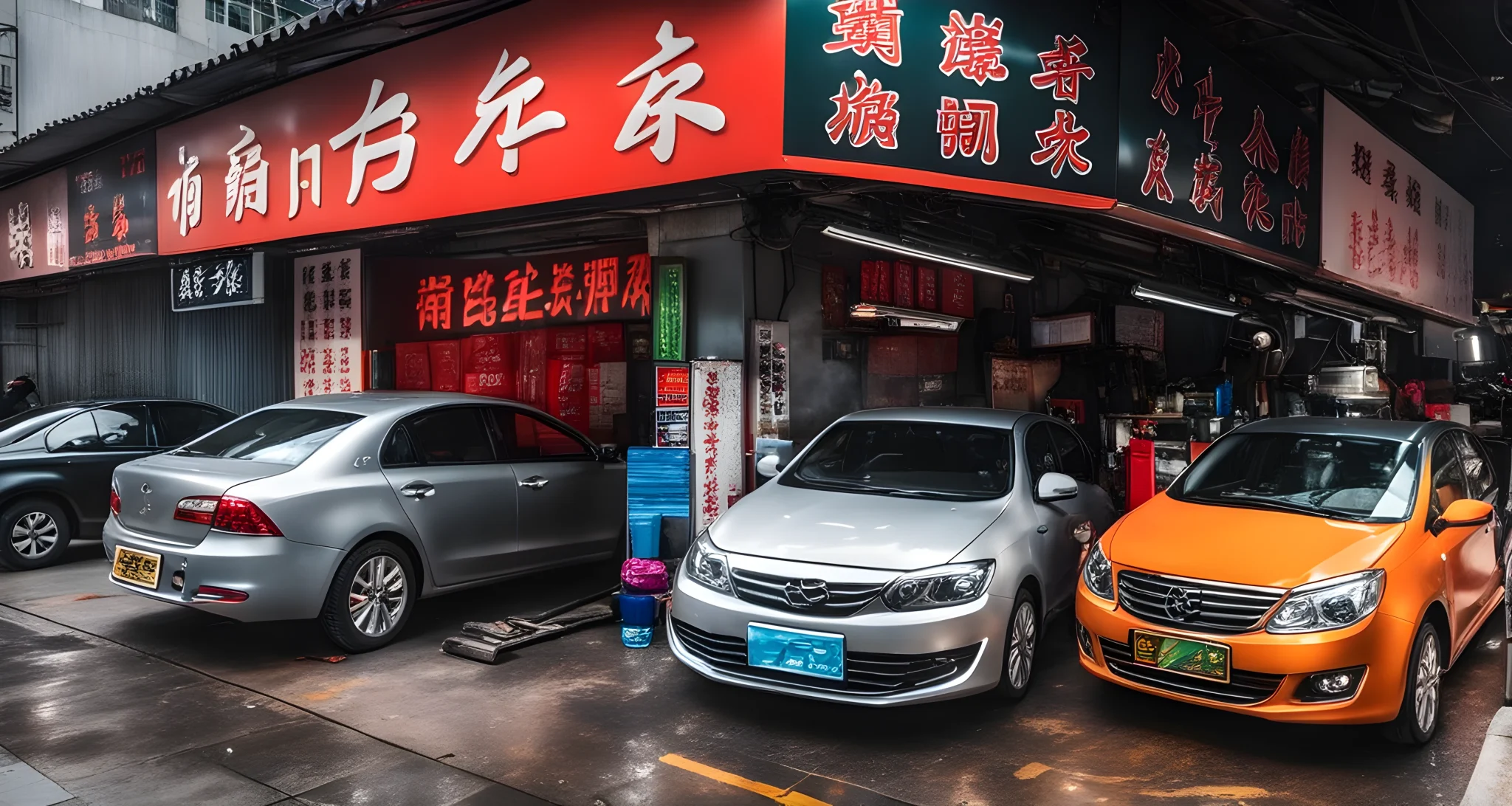 The image shows various car detailing and maintenance shops in a busy Chinese city, with signs and logos displayed prominently.