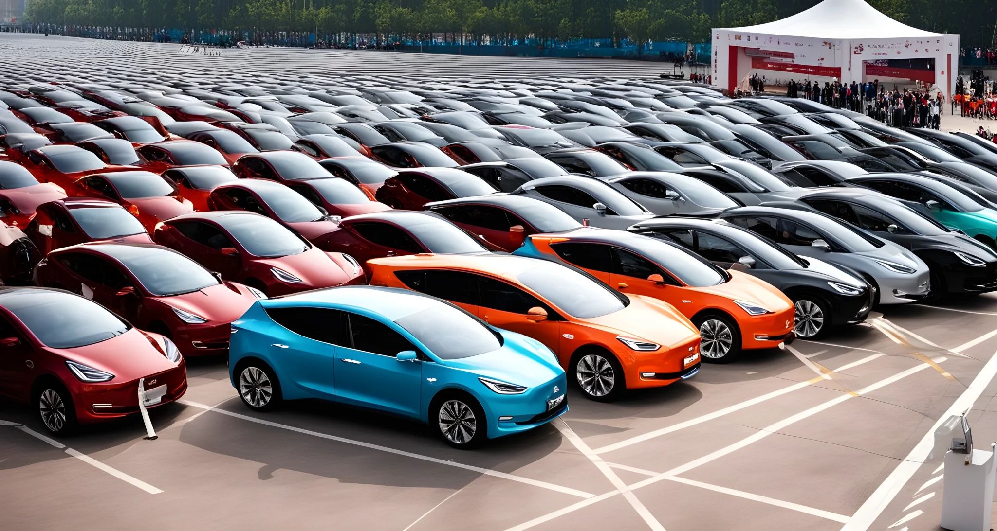 The image shows various electric cars lined up for display at a car show in China.