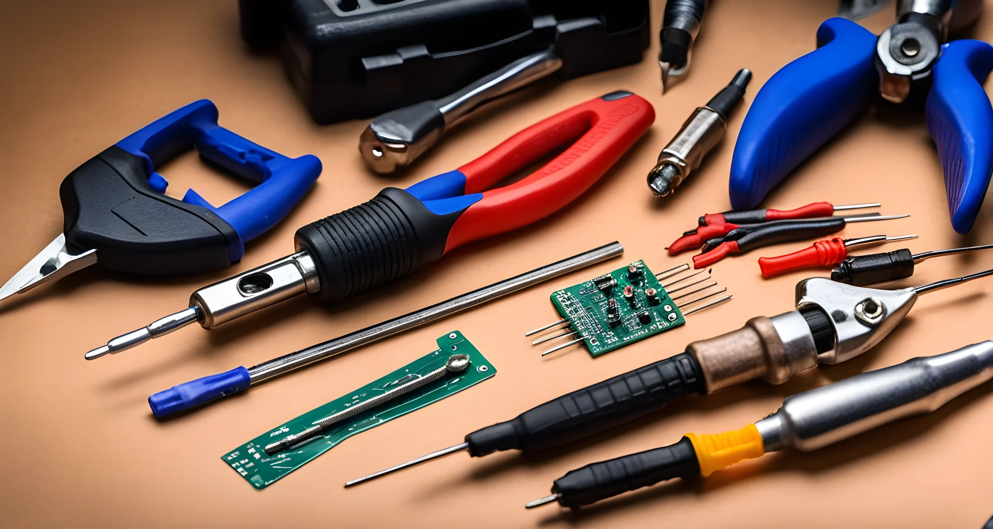 The image shows various tools, equipment, and electronic components typically used for DIY repairs and upgrades, including screwdrivers, pliers, soldering iron, and circuit boards.