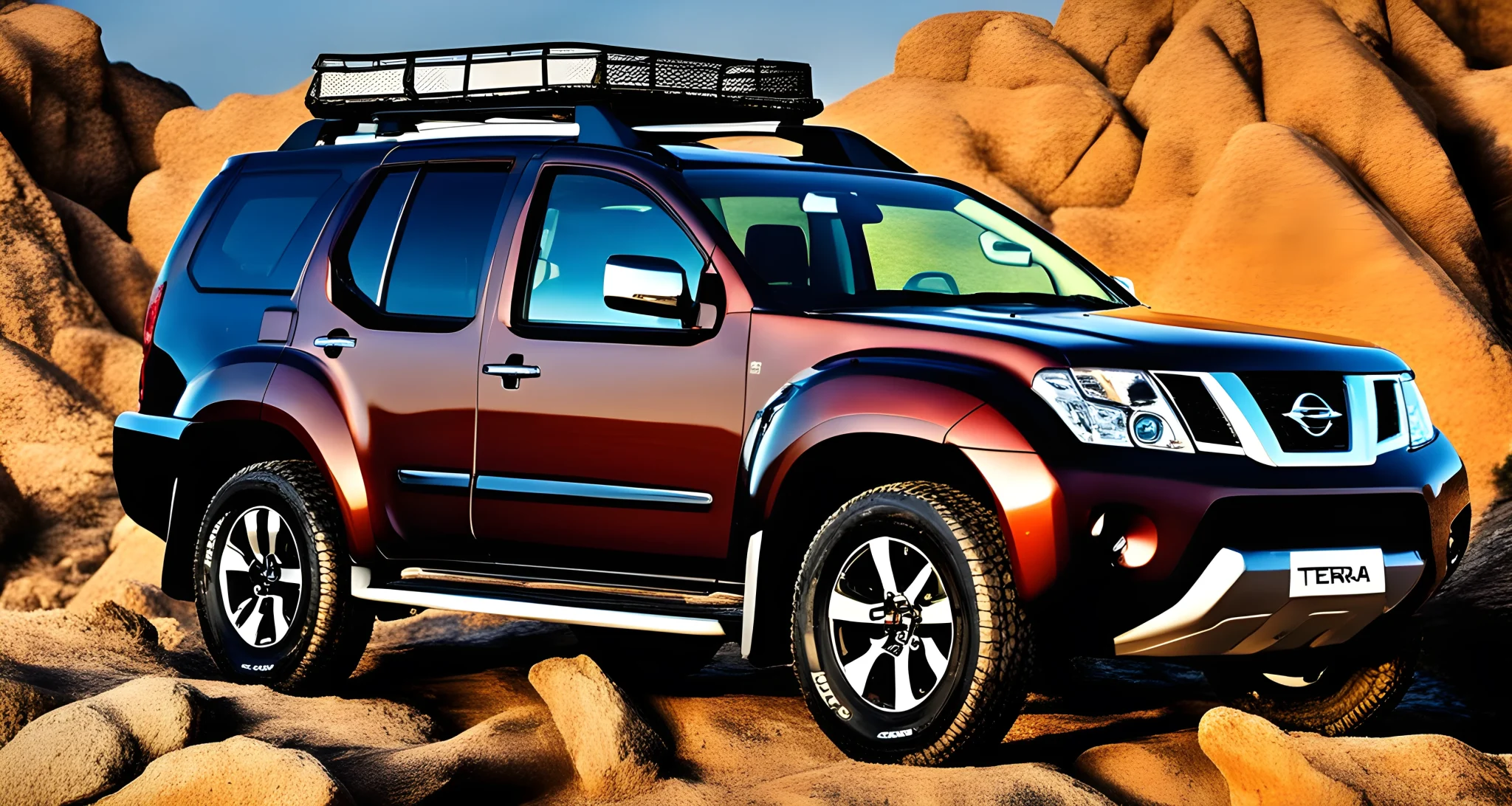 The Nissan X-Terra parked on a rocky off-road terrain, with its 4x4 capabilities and rugged exterior design on display.