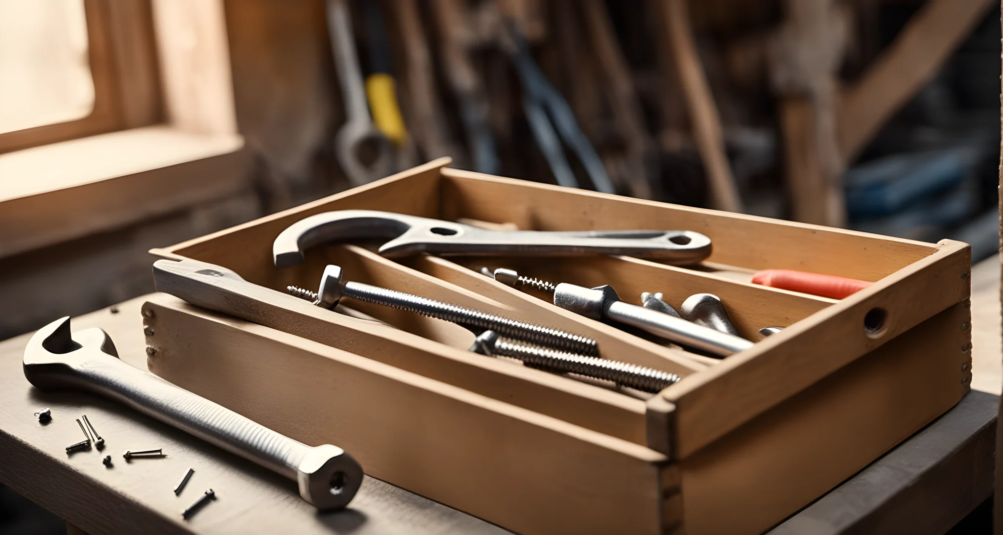 This image shows a toolbox, a wrench, a screwdriver, and a set of screws and nails on a workbench.